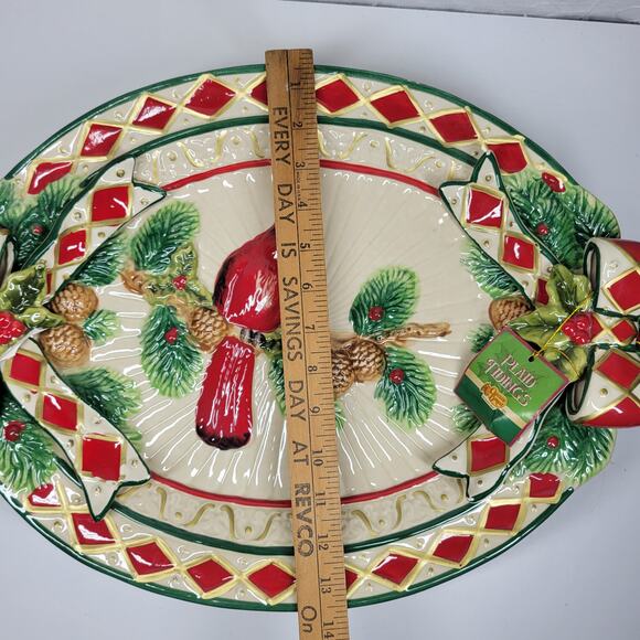 Cracker Barrel Plaid Tidings 3D Cardinal Platter Ceramic Holiday Serving Tray - Picture 13 of 14